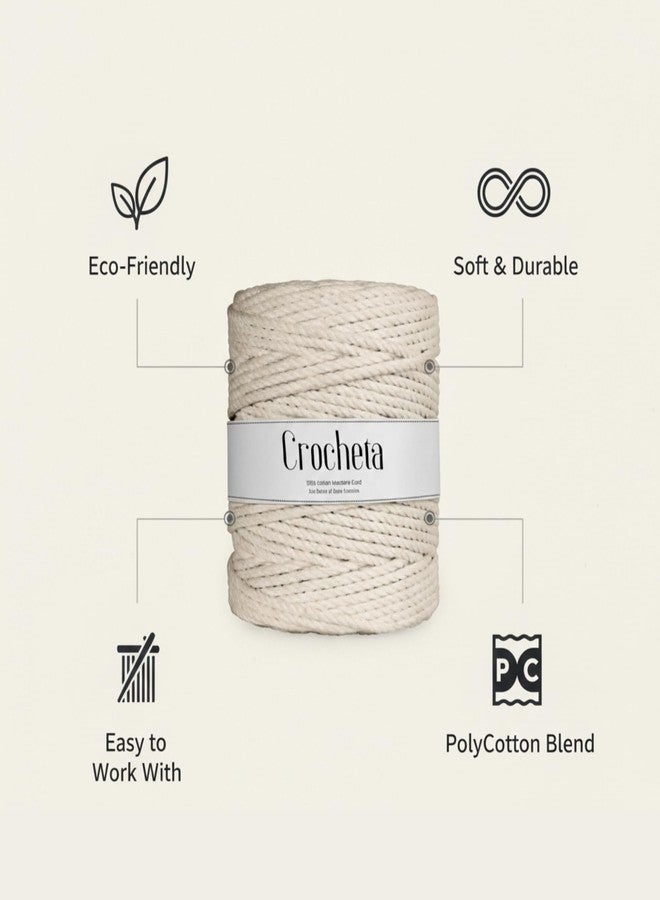 CROCHETA خيط كروشيتا ثلاثي الطبقات ملتوي من القطن المكرمية، خيط تغليف لأعمال المكرمية اليدوية وغيرها من المشاريع (3 مم 100 متر، أبيض مائل للبيج) - Image 5